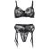 Subblime - Set of 3 Pieces Bra + Thong + Garter Floral Print Black